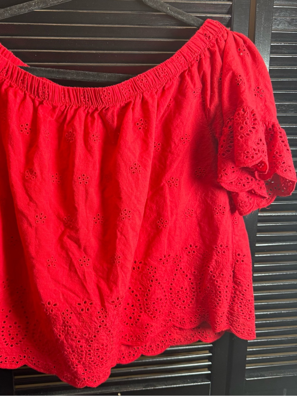 Women's Red Off-Shoulder Eyelet Tunic Top